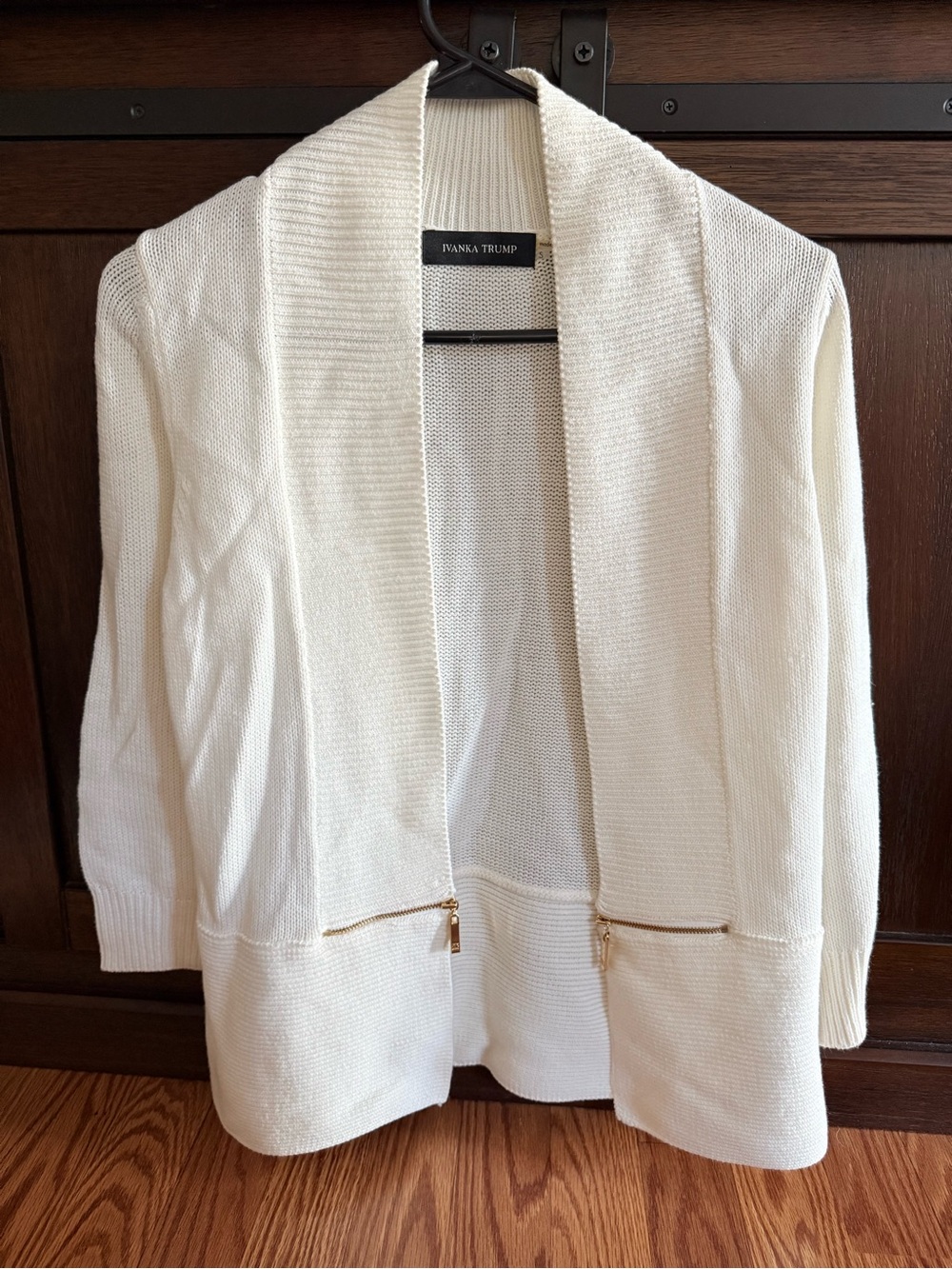 Ivanka Trump Cream Open-Front Knit Cardigan with Gold Zippers